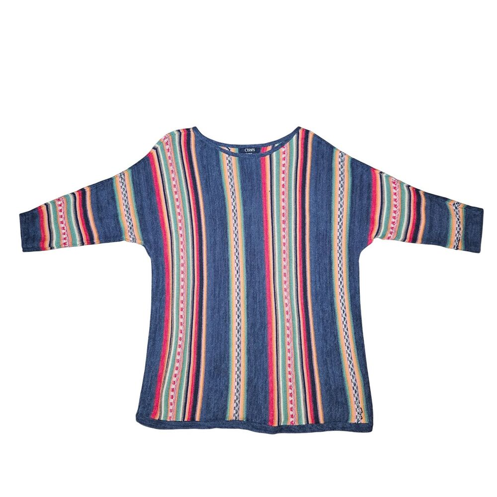 Chaps Women's size 1X Striped 3D Knit Sweater Lagenlook Art to Wear Multicolor
